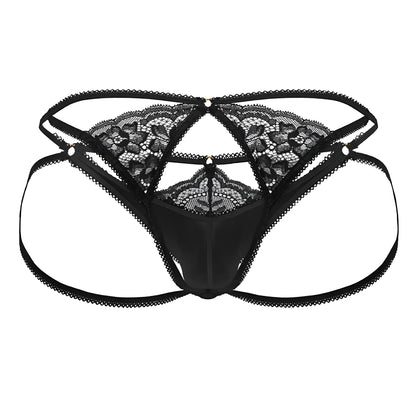 Black candyMan 99770 lace jock thong featuring intricate floral patterns and satin-like fabric visible from the back