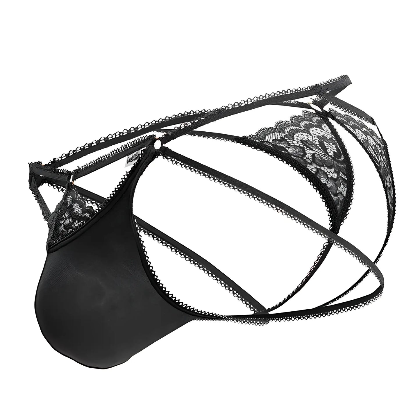 Candyman 99770 lace jock thong in black features lace trim solid front panel and crisscrossing straps for men