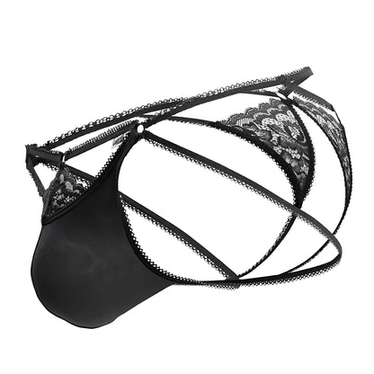 Candyman 99770 lace jock thong in black features lace trim solid front panel and crisscrossing straps for men