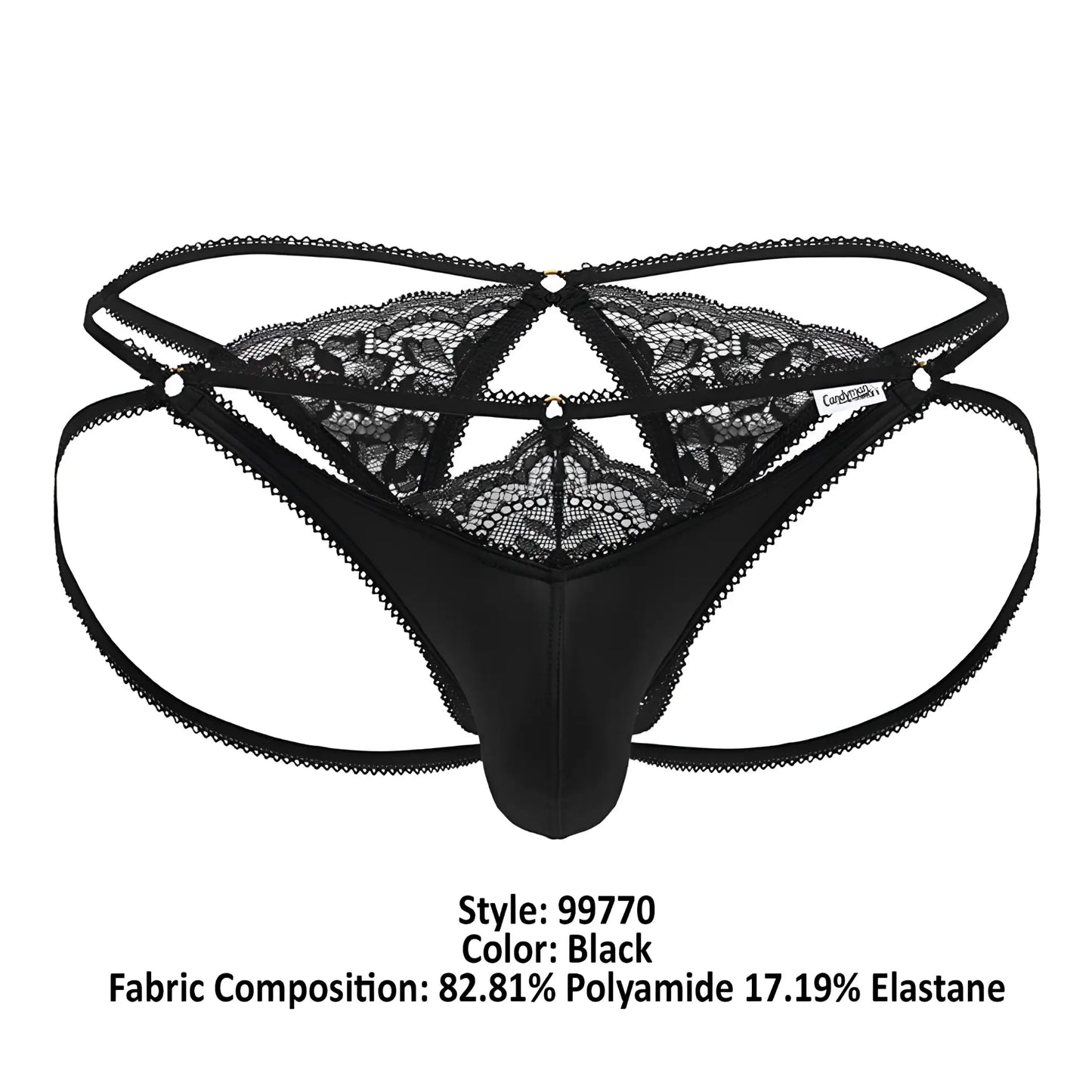 Black lace-trimmed thong with floral pattern and adjustable straps from candyman 99770 lace jock thongs in black
