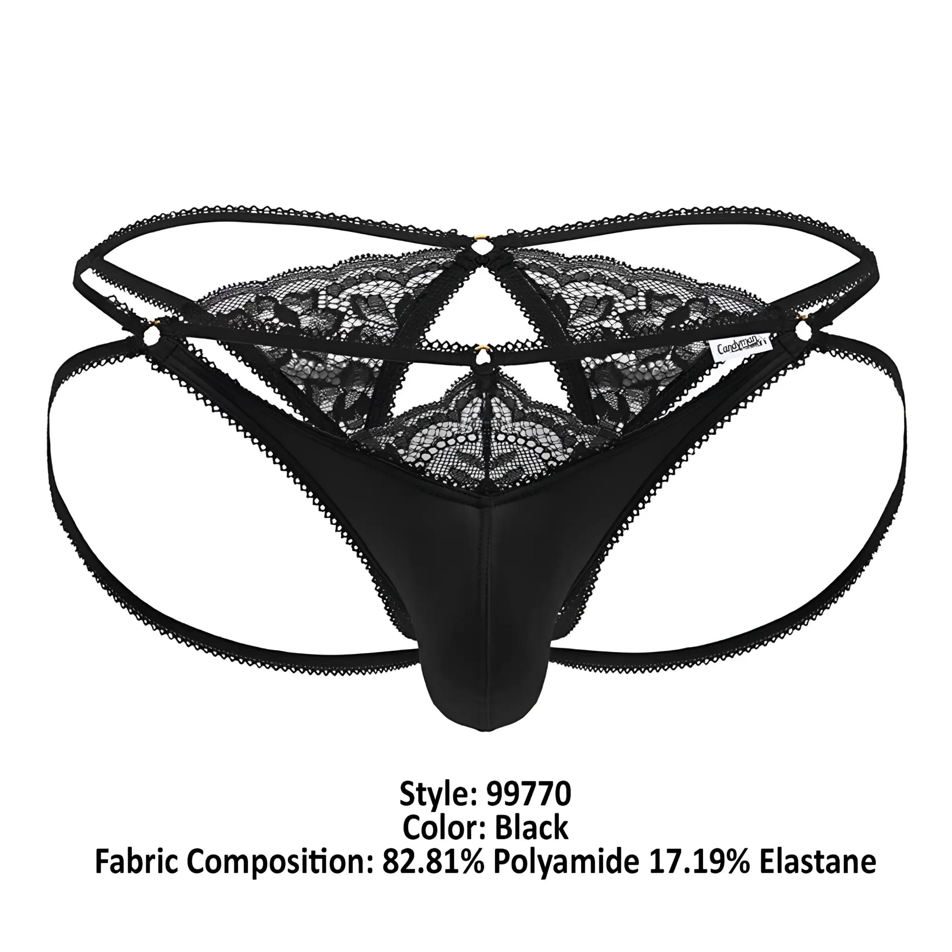Black lace-trimmed thong with floral pattern and adjustable straps from candyman 99770 lace jock thongs in black