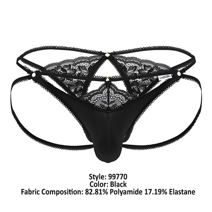 Black lace-trimmed thong with floral pattern and adjustable straps from candyman 99770 lace jock thongs in black