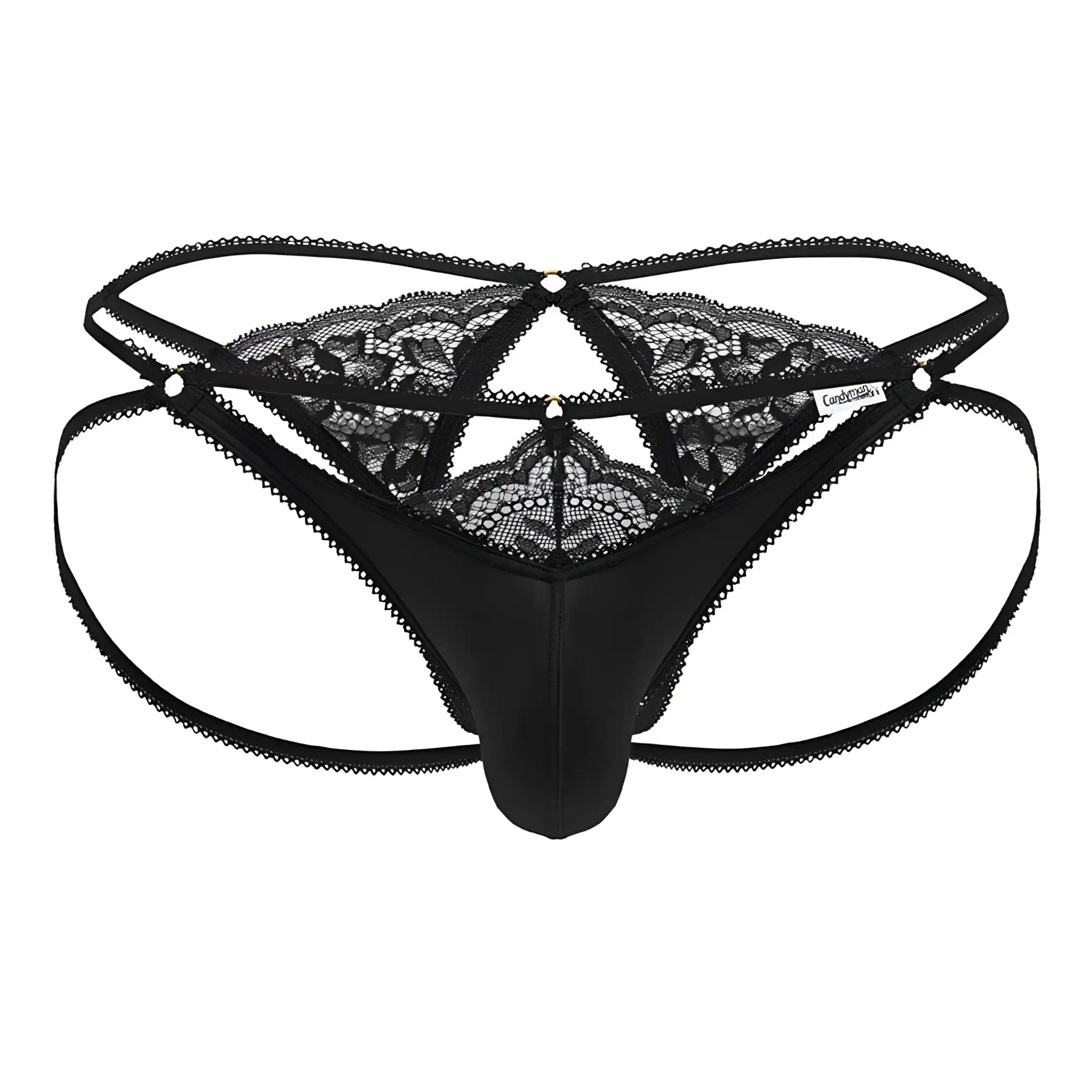 Black lace-trimmed thong candyMan 99770 with satin front panel and crisscross back straps in black shown from back