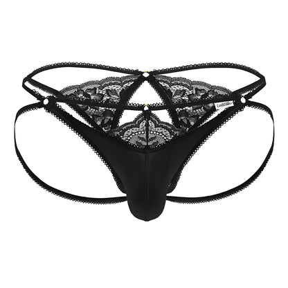 Black lace-trimmed thong candyMan 99770 with satin front panel and crisscross back straps in black shown from back