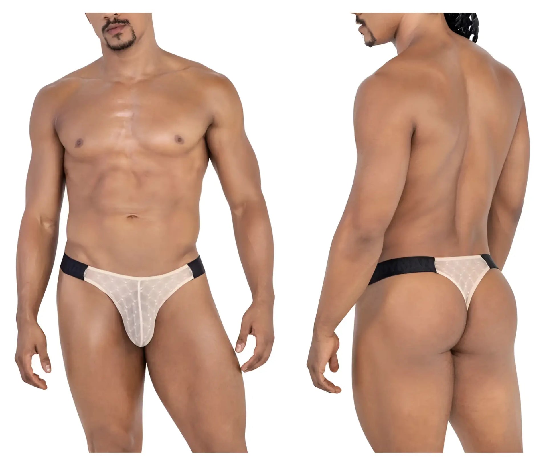 Beige lace thong with black elastic waistband mesh design from candyman 99771 collection front view