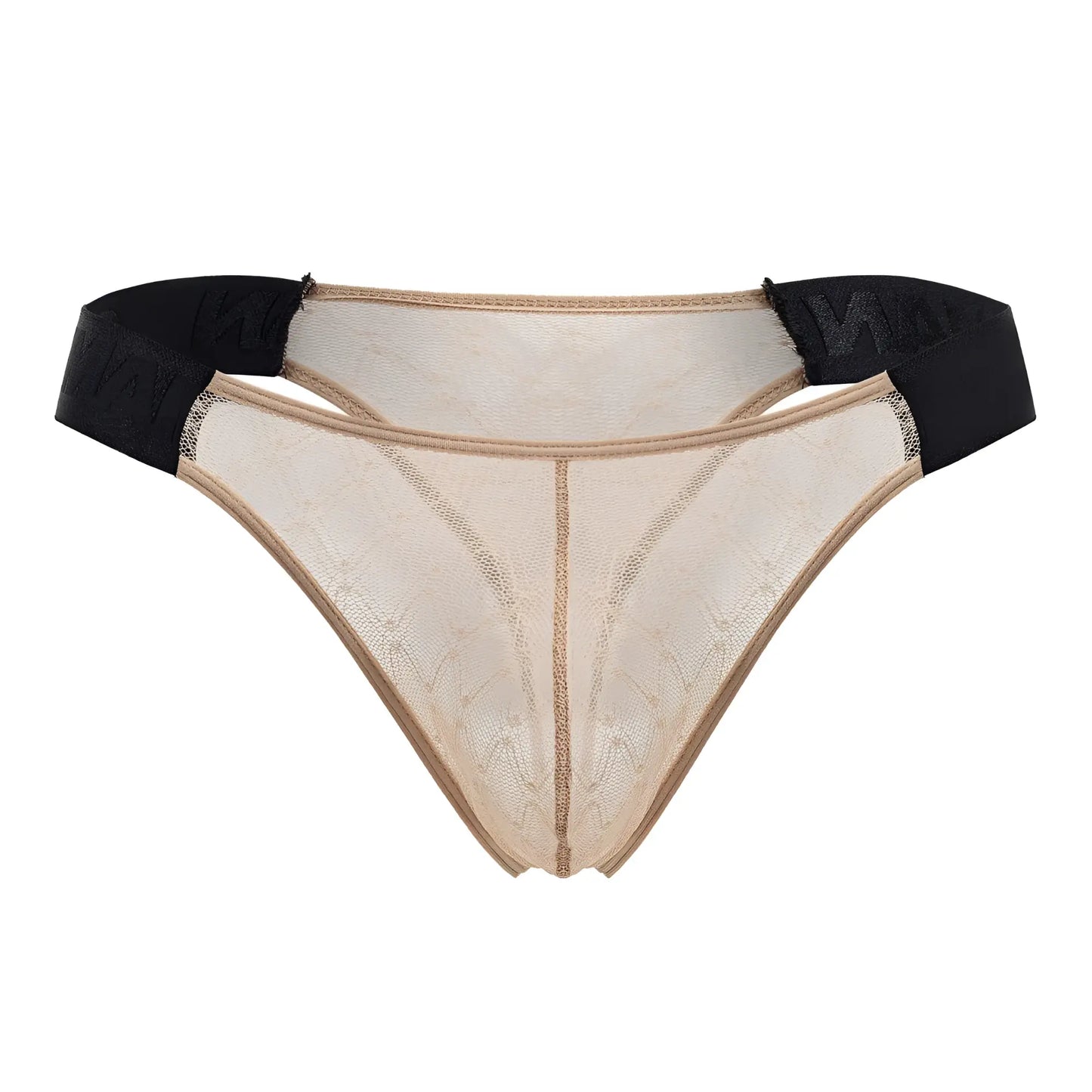 Beige CandyMan 99771 mesh thong with black elastic waistband featuring lace detail in front and back view