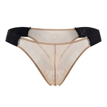 Beige CandyMan 99771 mesh thong with black elastic waistband featuring lace detail in front and back view
