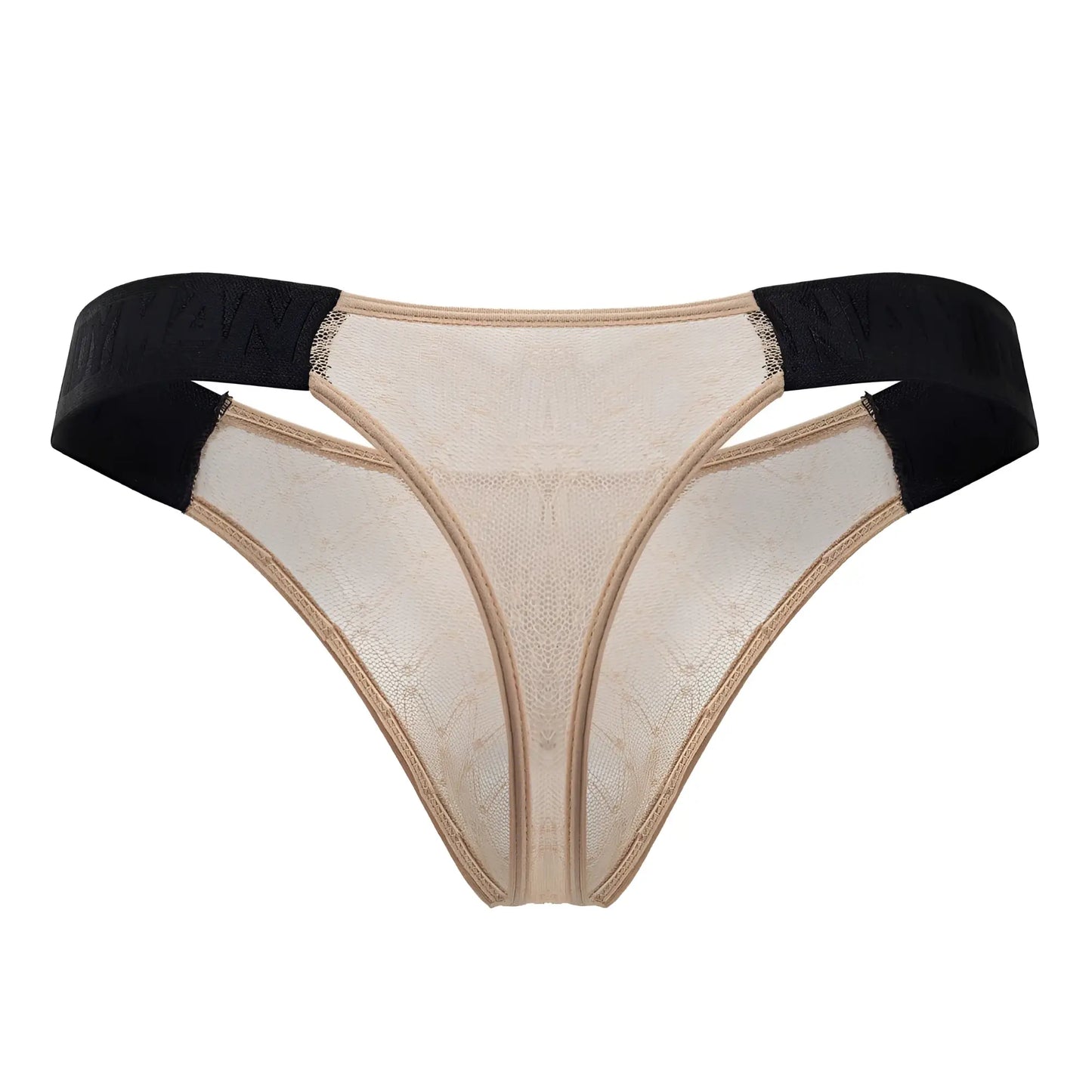 Beige lace thong with black elastic waistband mesh material from candyman 99771 collection shown from the front