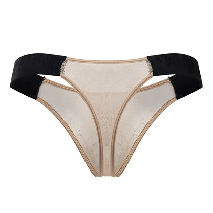 Beige lace thong with black elastic waistband mesh material from candyman 99771 collection shown from the front