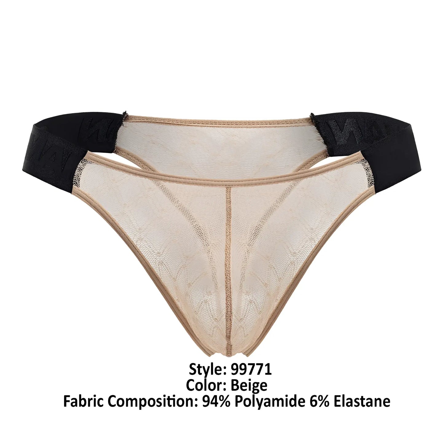 Beig lace thong with black elastic waistband made of mesh from candyman 99771 collection front view