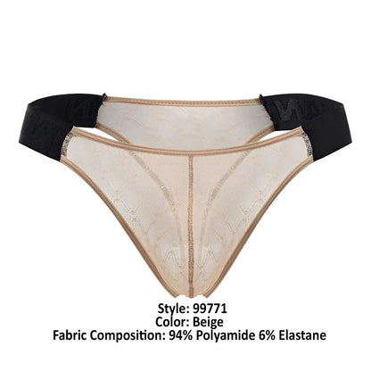Beig lace thong with black elastic waistband made of mesh from candyman 99771 collection front view