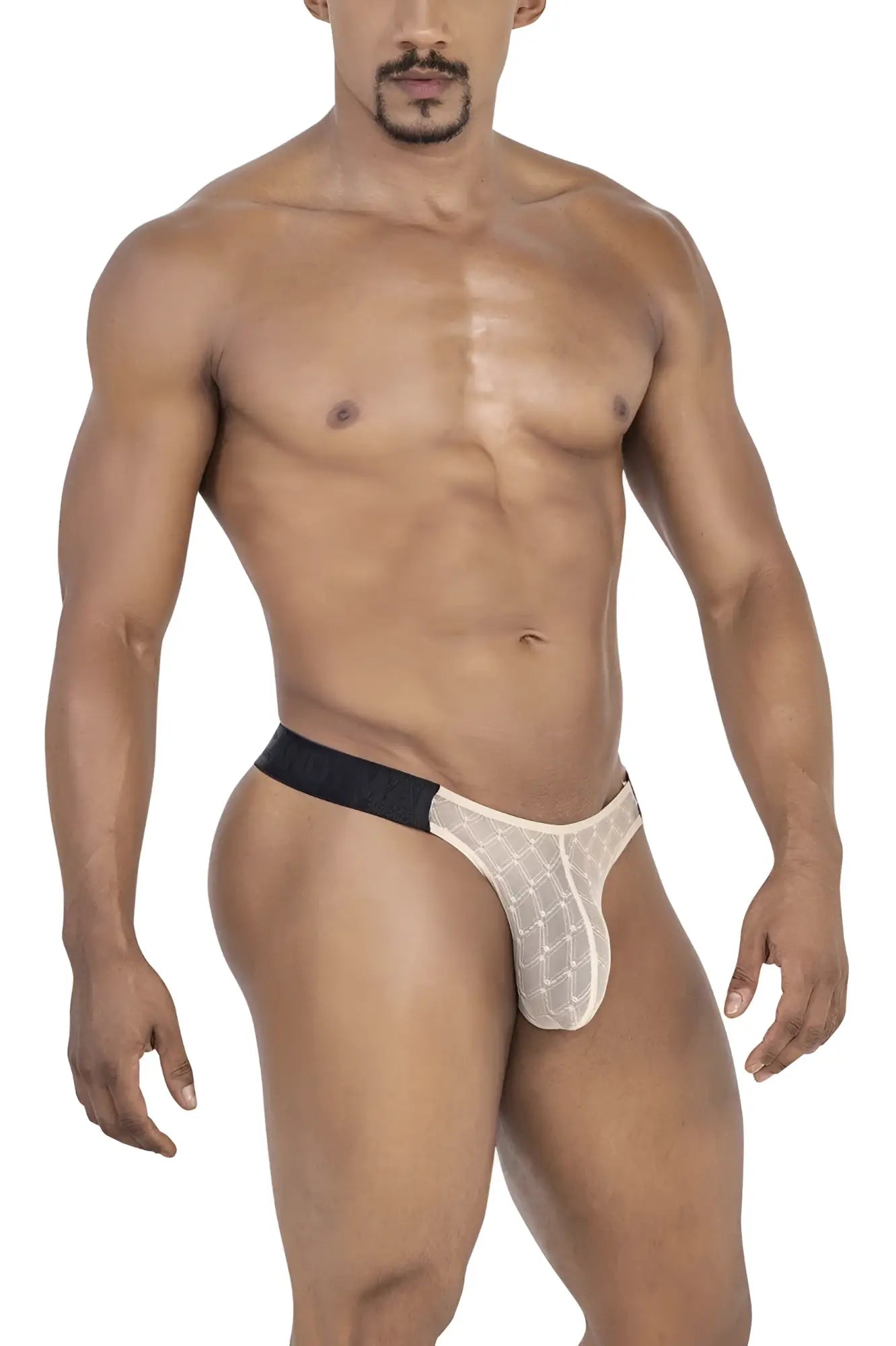 Beig lace thong with black waistband in mesh fabric from candyman 99771 collection showing front view