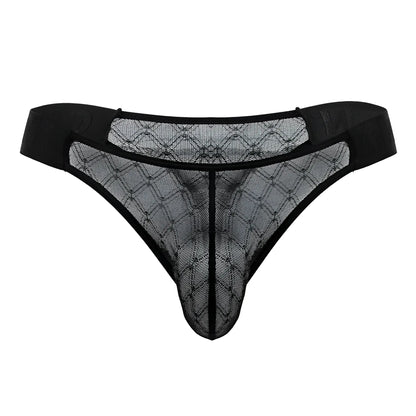Black lace thong CandyMan 99771 with diamond-patterned mesh design and solid fabric waistband in black color