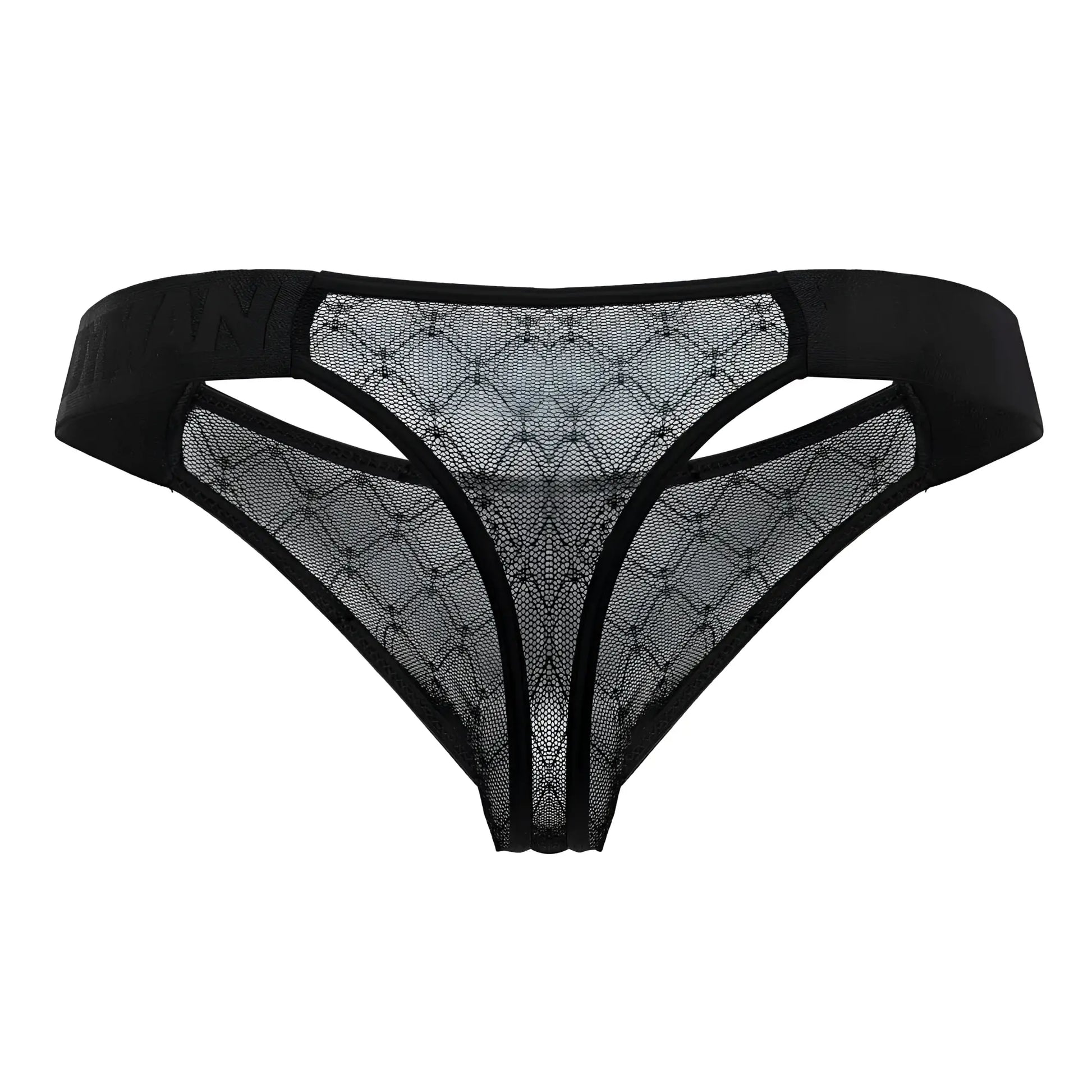 Black lace thong candyMan 99771 with diamond-patterned mesh and solid elastic waistband in black color