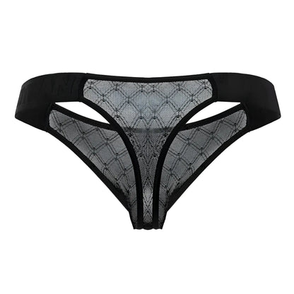 Black lace thong candyMan 99771 with diamond-patterned mesh and solid elastic waistband in black color