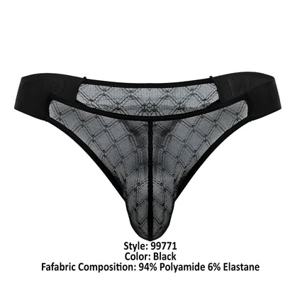 Black lace thong candyMan 99771 with diamond-patterned mesh design and elastic waistband in black color