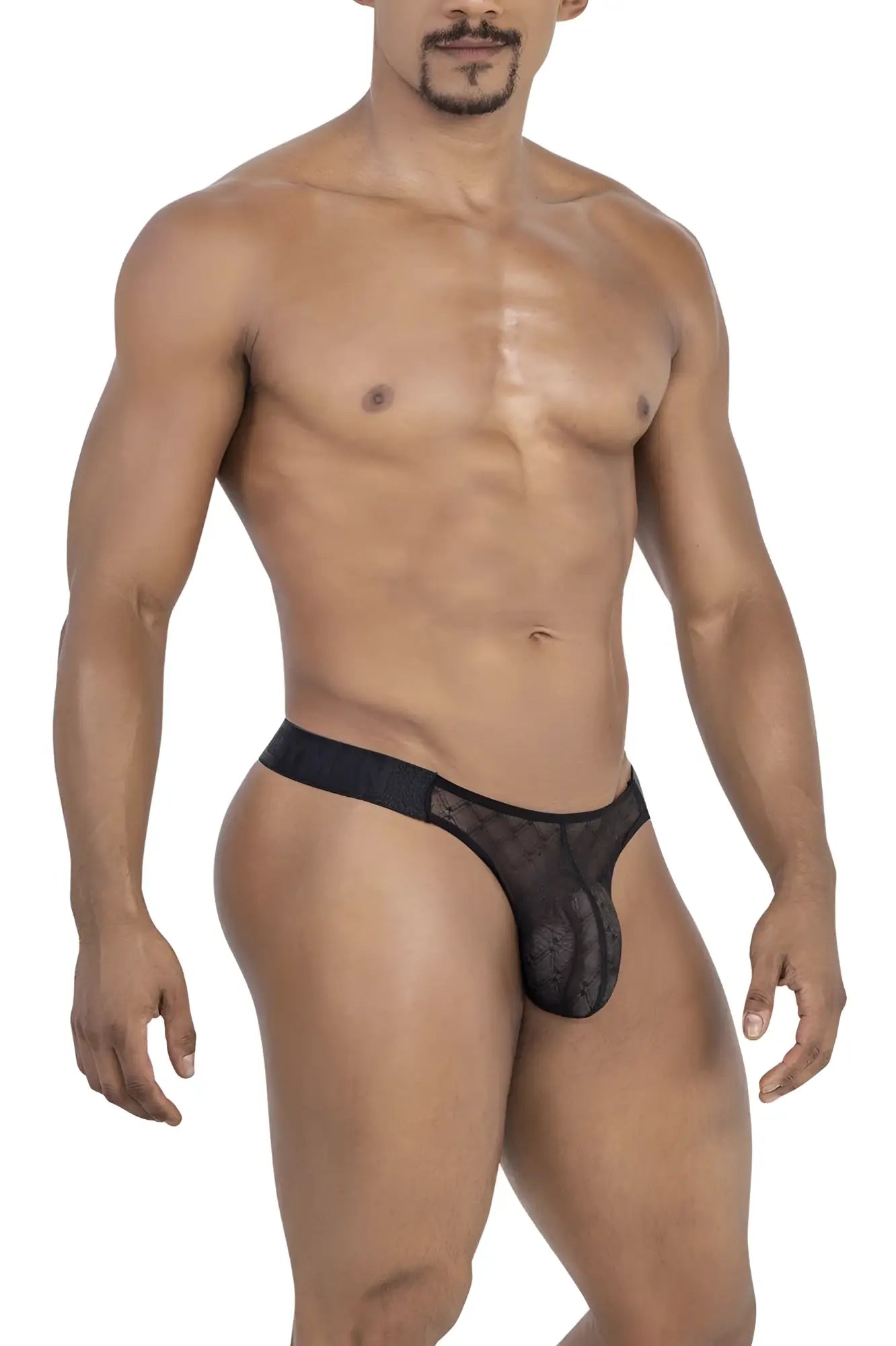 Black candyMan 99771 mesh thong with sheer patterned design and solid waistband shown from the back side