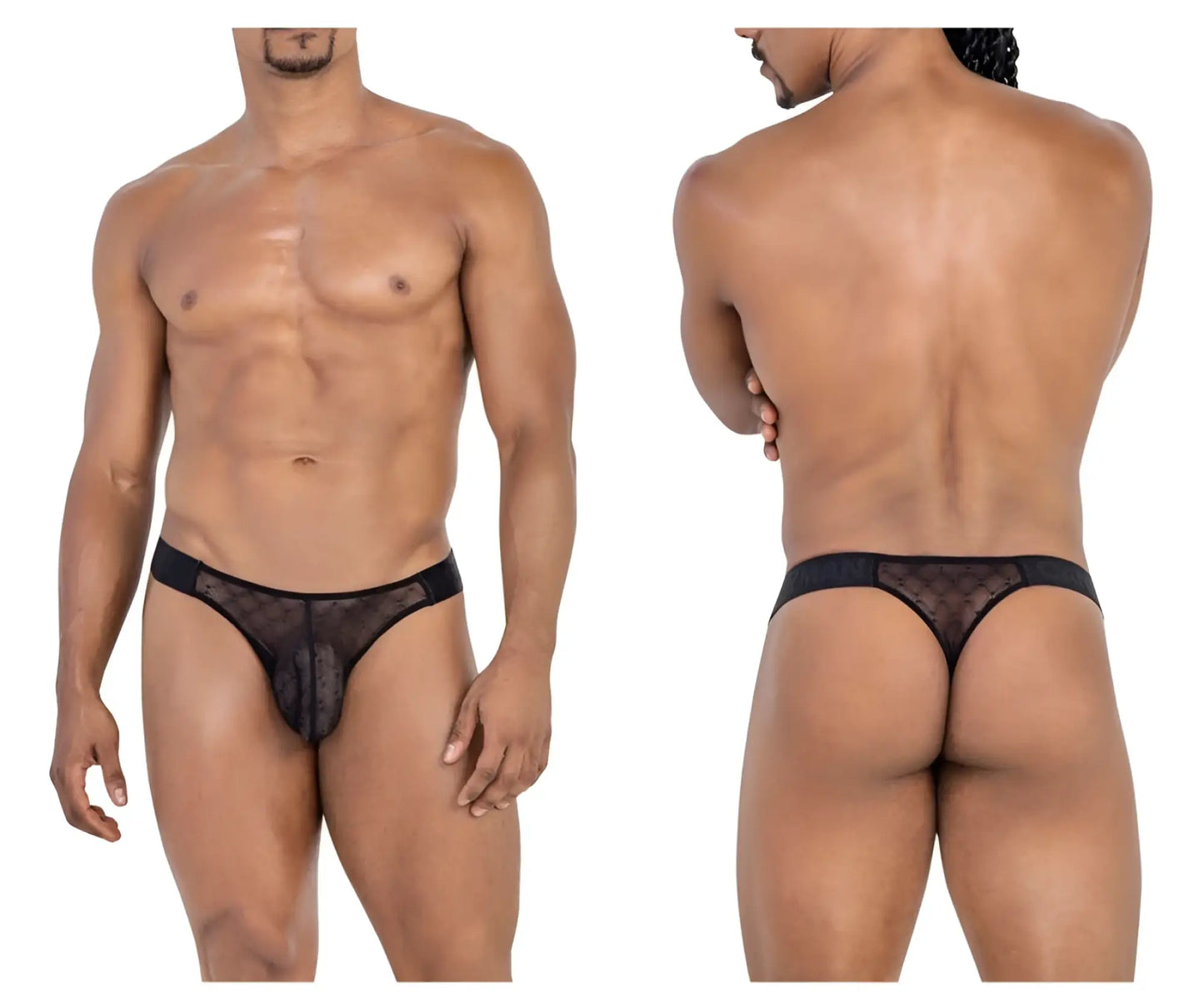 Black sheer mesh thong candyMan 99771 with solid waistband and subtle pattern detailing, front view
