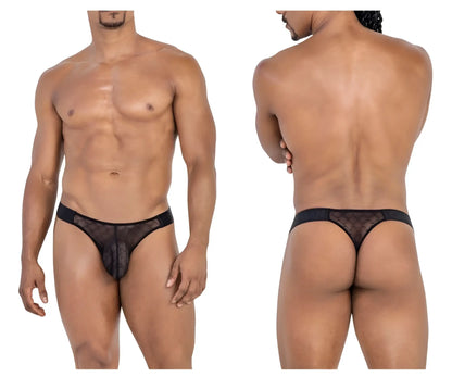 Black sheer mesh thong candyMan 99771 with solid waistband and subtle pattern detailing, front view