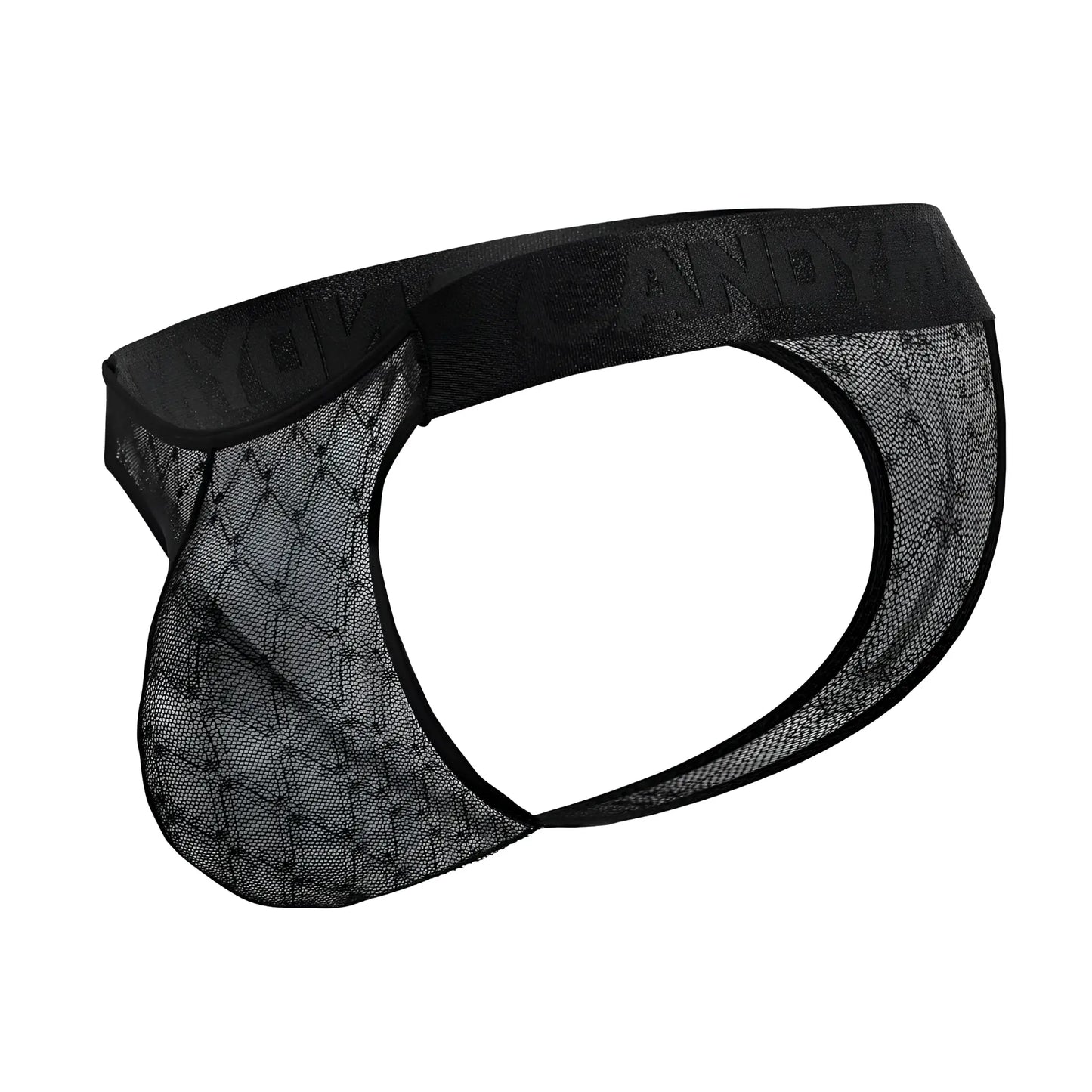 Black mesh briefs with solid elastic waistband embossed with yonando brand name candy man 99771 mesh thongs black
