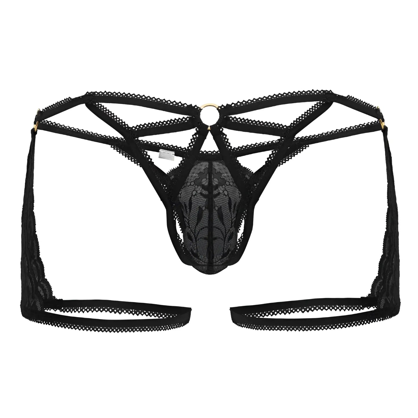 Black lace thong CandyMan 99773 with intricate floral patterns and central circular metal ring in black color