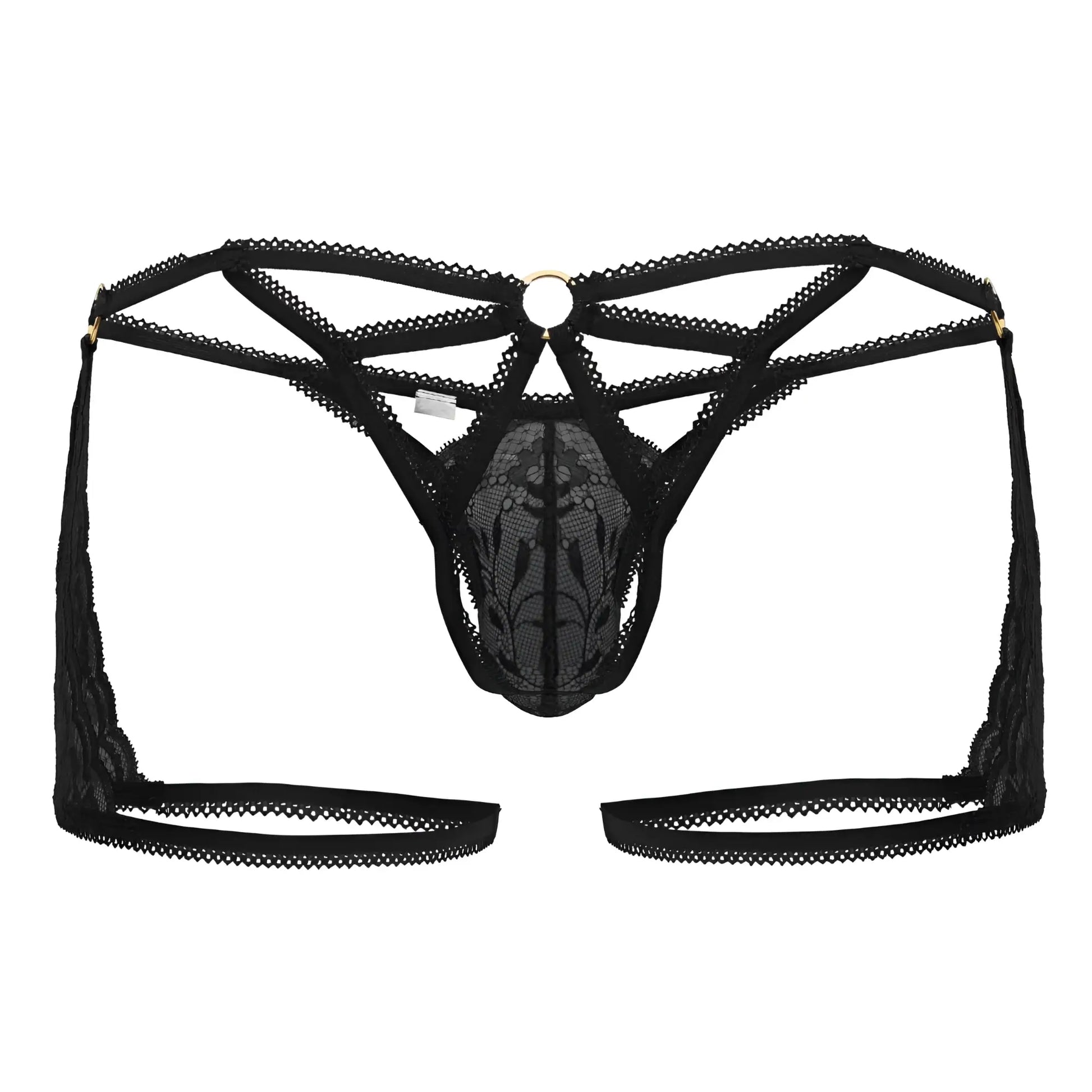 Black lace thong CandyMan 99773 with intricate floral patterns and central circular metal ring in black color