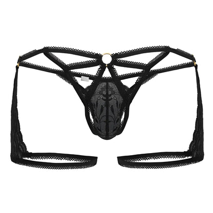 Black lace thong CandyMan 99773 with intricate floral patterns and central circular metal ring in black color