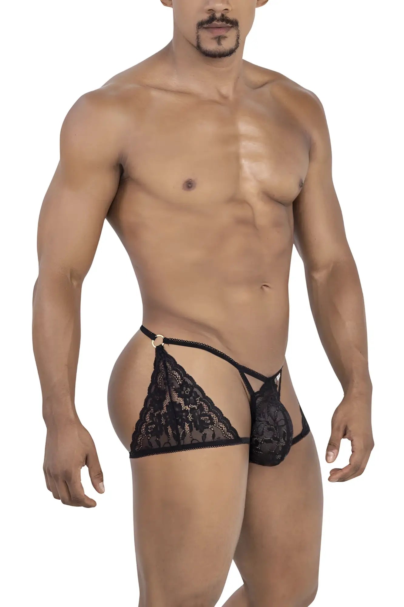 Black lace thong candyMan 99773 with intricate floral patterns and gold-toned metal clasp in black color