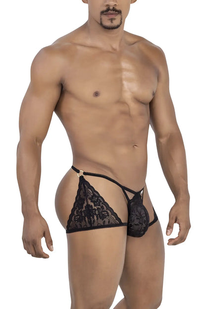 Black lace thong candyMan 99773 with intricate floral patterns and gold-toned metal clasp in black color