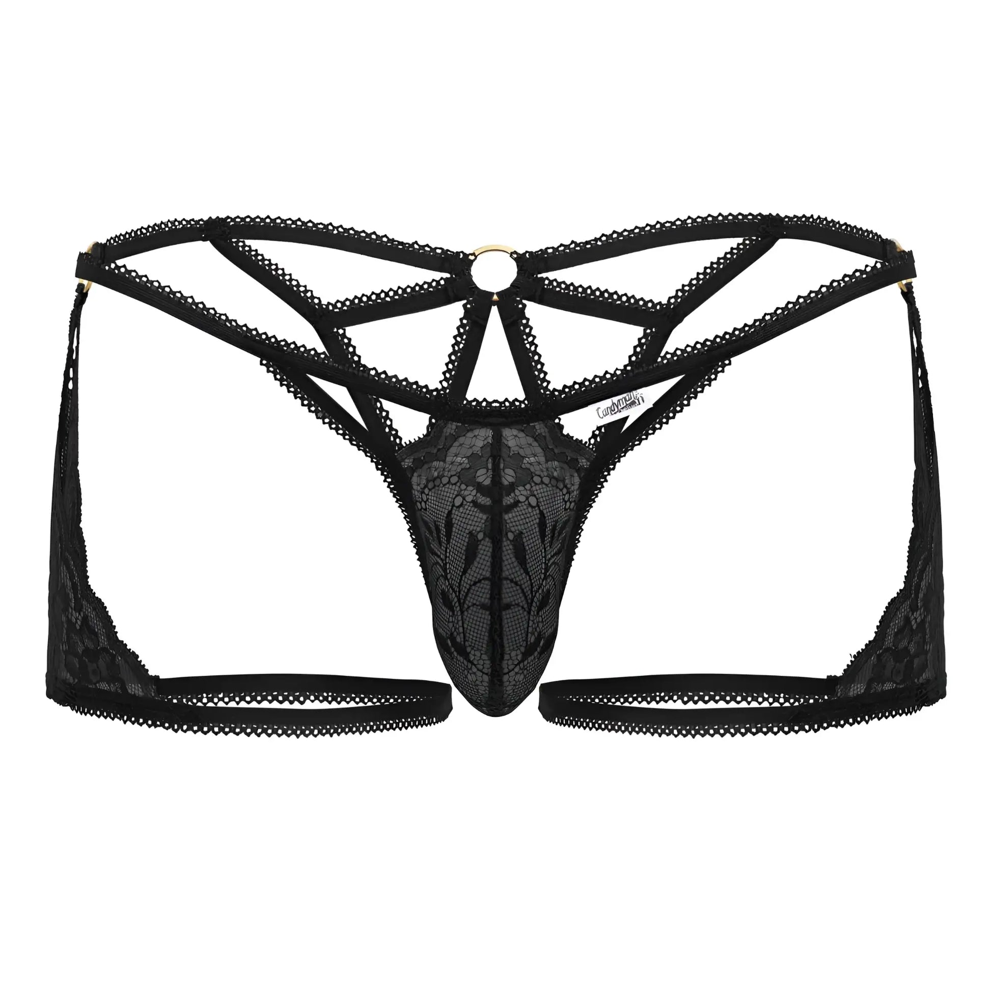 Back view of candyman 99773 lace trunks thong in black featuring intricate floral lace and a central metal ring