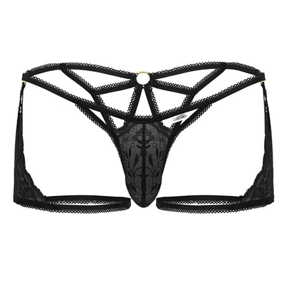 Back view of candyman 99773 lace trunks thong in black featuring intricate floral lace and a central metal ring