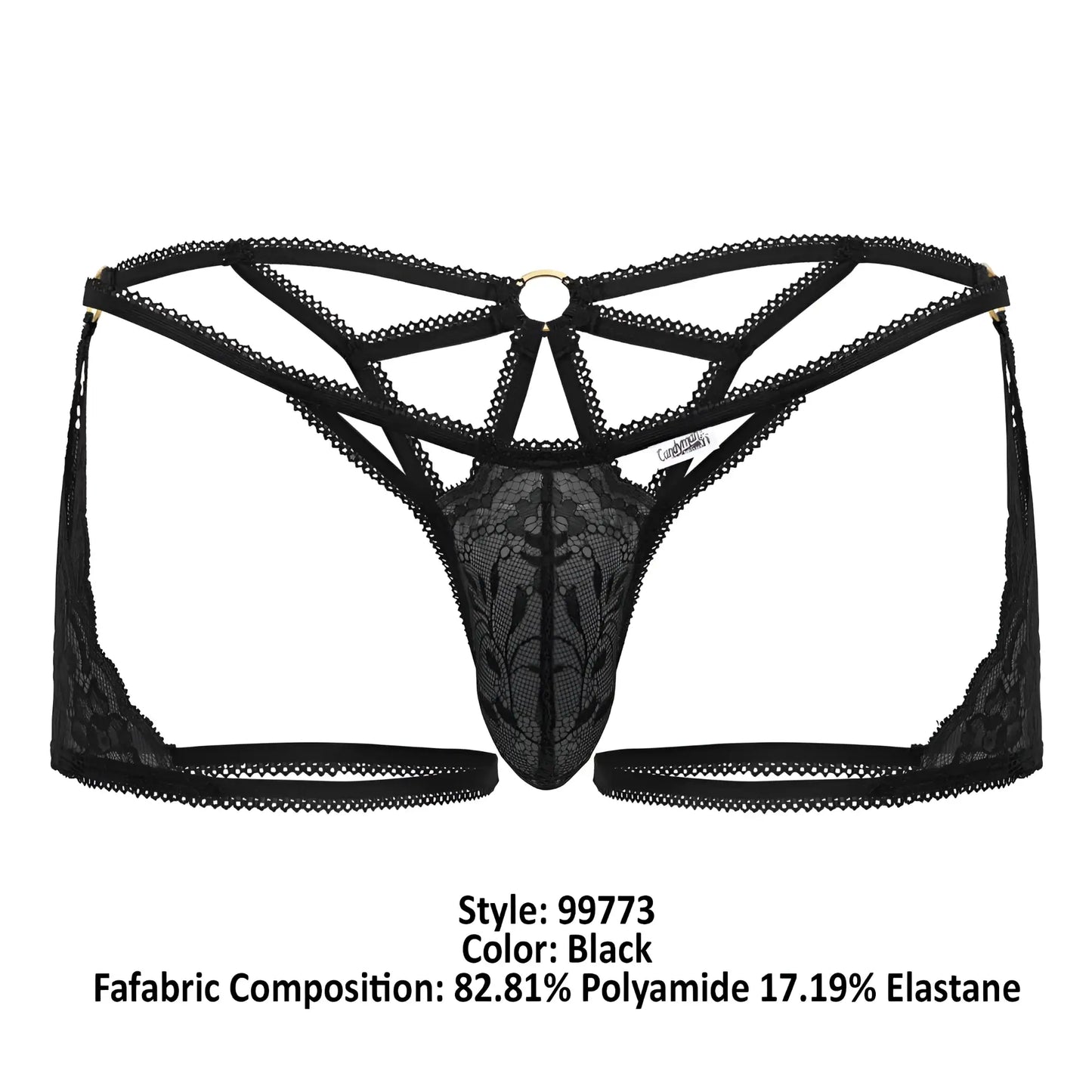 Black lace thong trunks candyman 99773 showing back with intricate floral patterns and central metal ring
