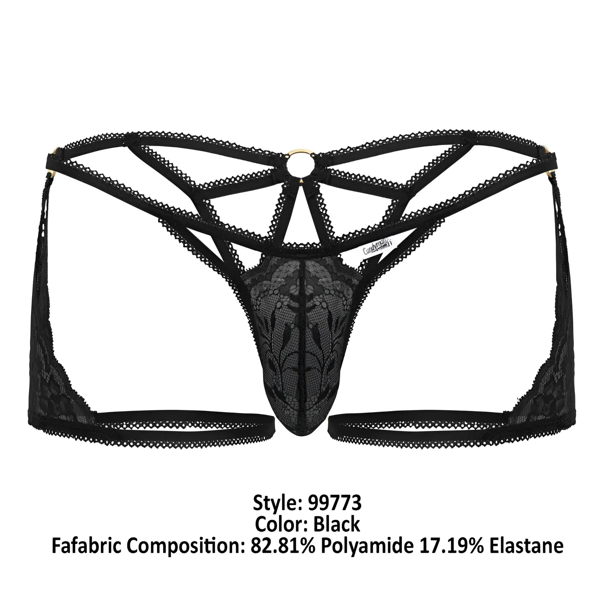Black lace thong trunks candyman 99773 showing back with intricate floral patterns and central metal ring