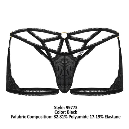 Black lace thong trunks candyman 99773 showing back with intricate floral patterns and central metal ring