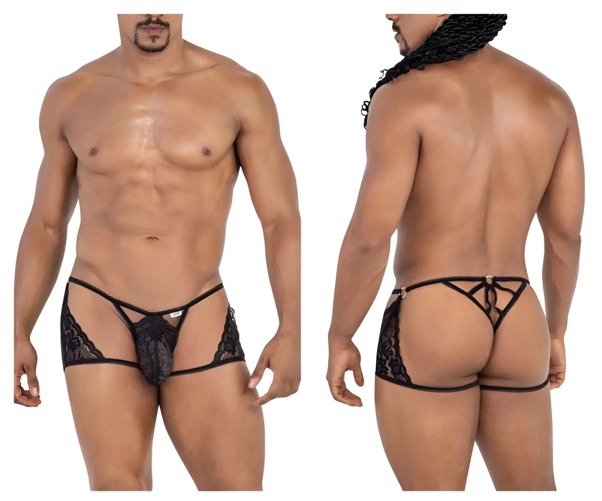 Black candyMan 99773 lace thong with sheer mesh design and adjustable back ties shown from the back side