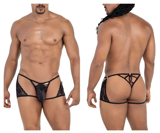 Black candyMan 99773 lace thong with sheer mesh design and adjustable back ties shown from the back side