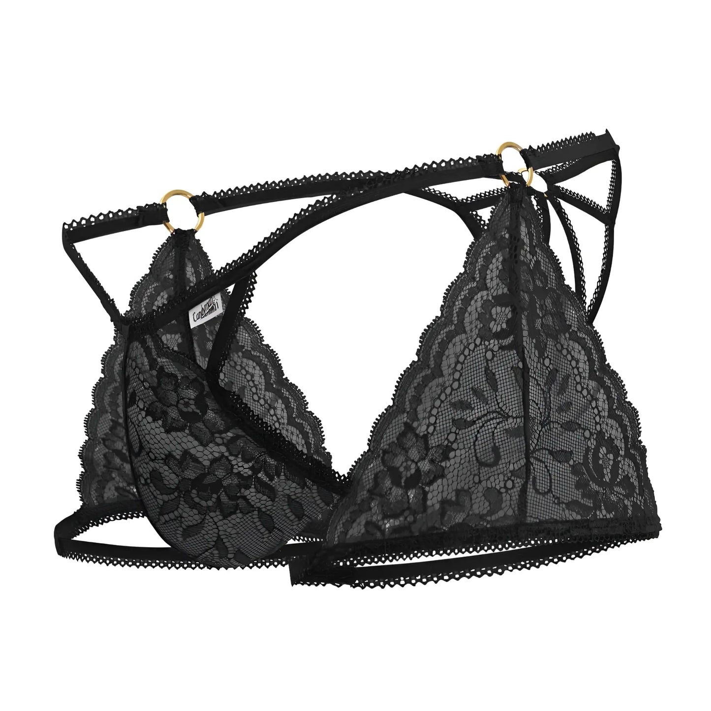 Black lace triangle bra with gold-toned metal rings and adjustable straps from candyman 99773 lace trunks thongs