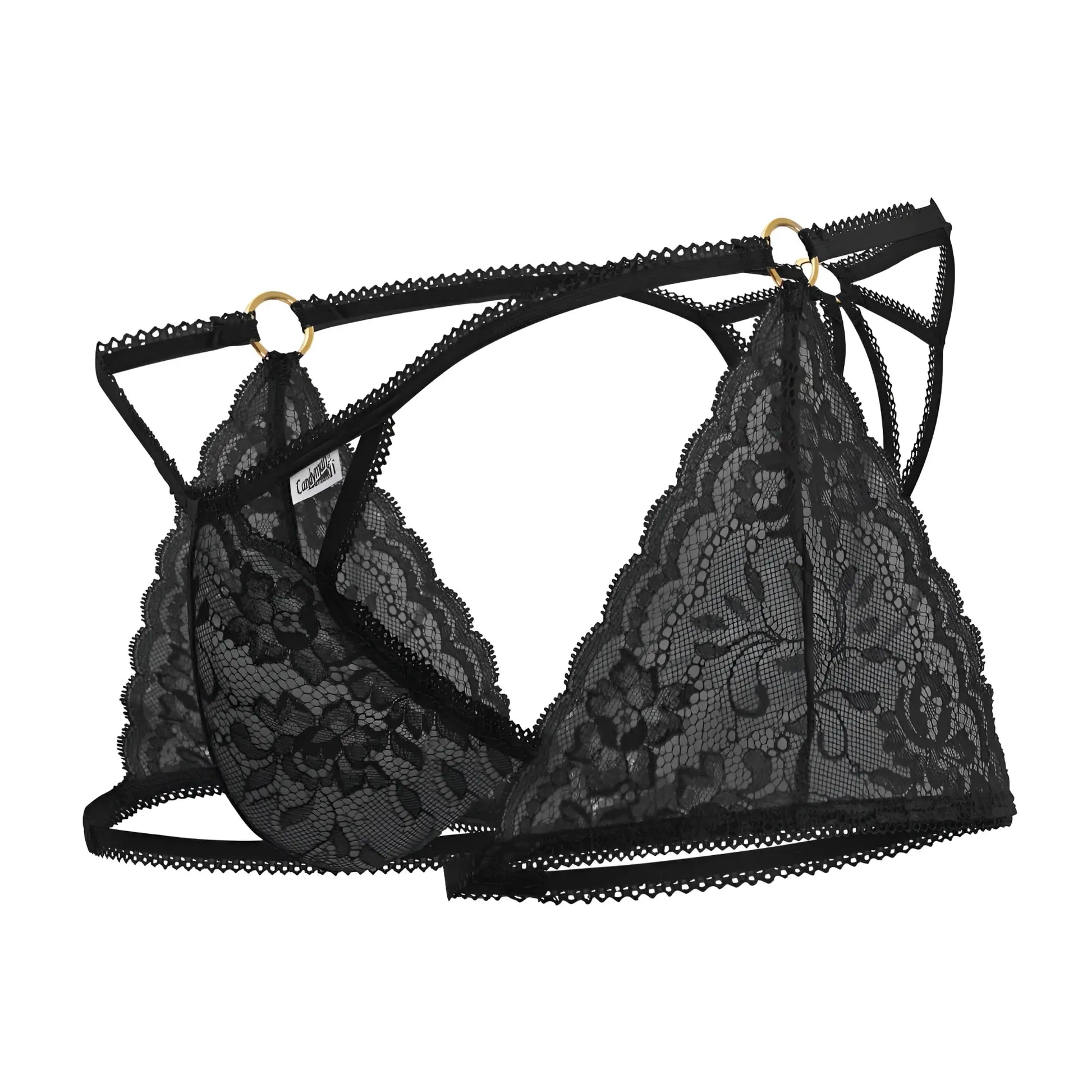 Black lace triangle bra with gold-toned metal rings and adjustable straps from candyman 99773 lace trunks thongs