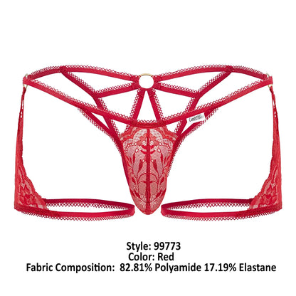 Red lace thong candyMan 99773 with intricate floral patterns and a central circular metal ring in red color