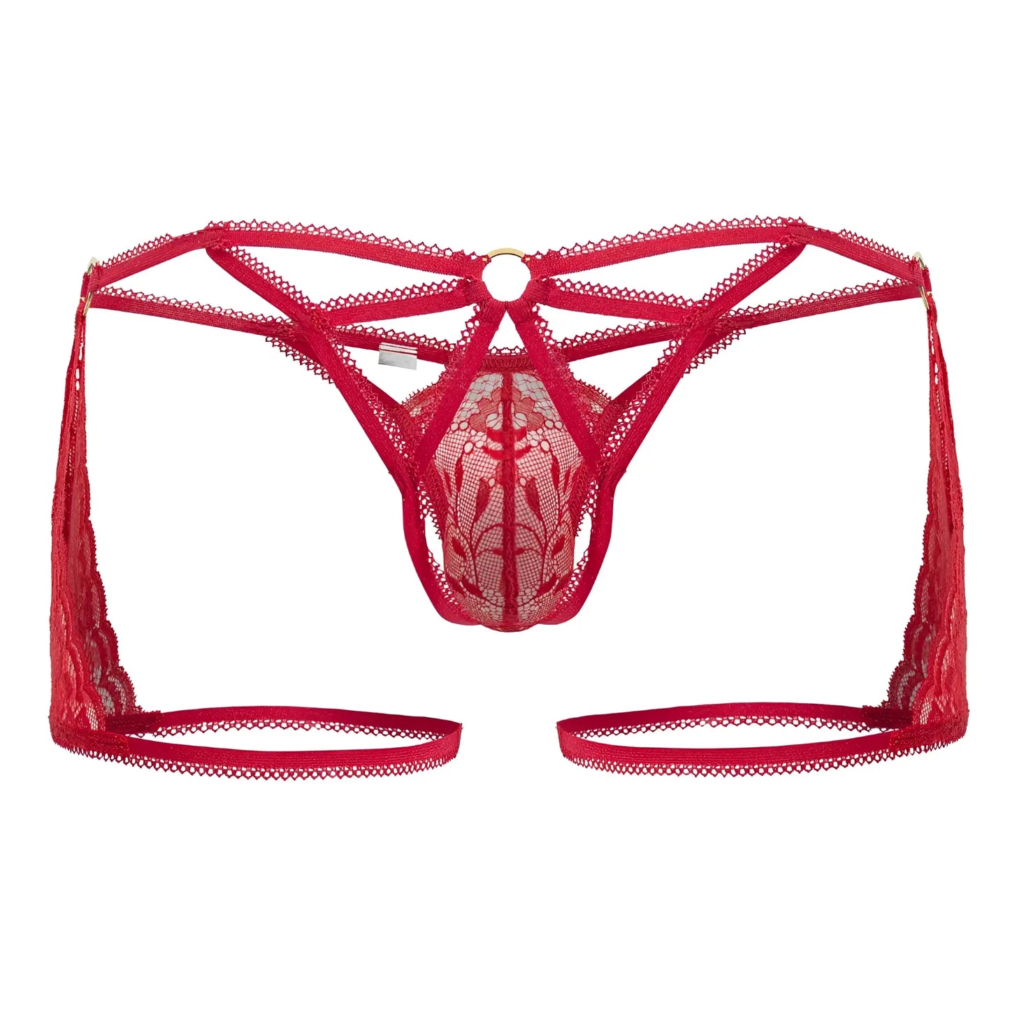 Red lace thong CandyMan 99773 with intricate floral patterns and adjustable straps in vibrant red color