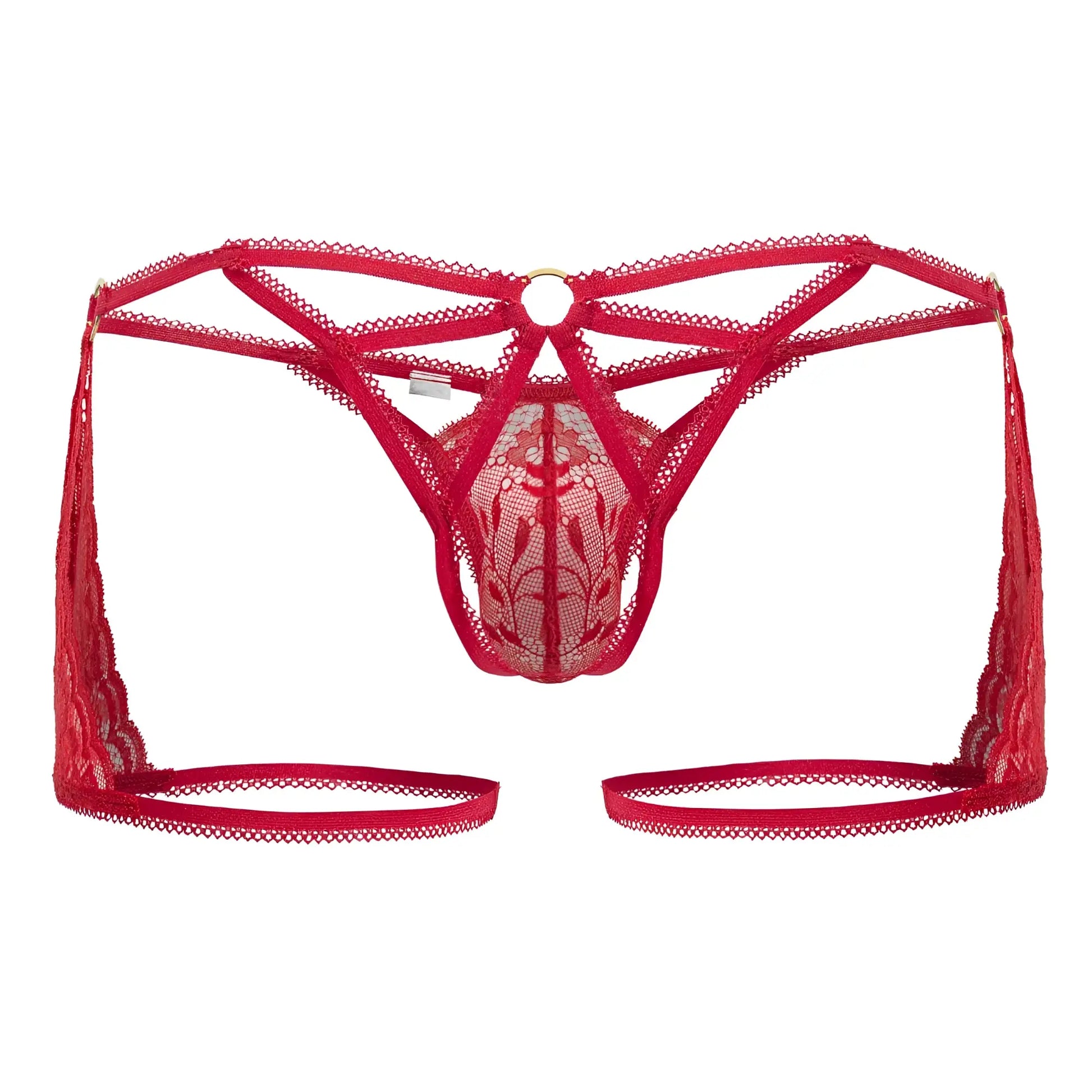 Red lace thong CandyMan 99773 with intricate floral patterns and adjustable straps in vibrant red color