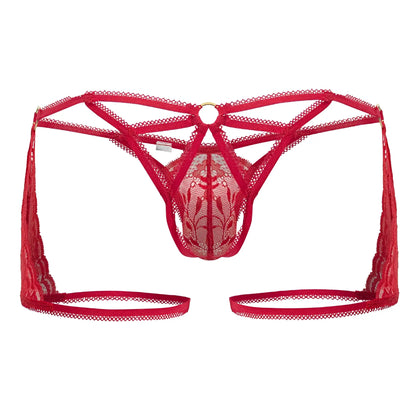 Red lace thong CandyMan 99773 with intricate floral patterns and adjustable straps in vibrant red color
