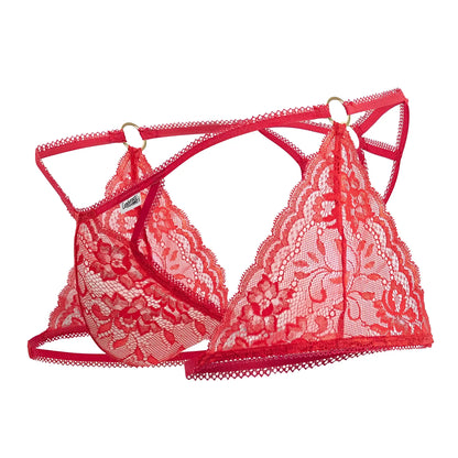 CandyMan 99773 red lace triangle bra with floral patterns and gold-toned hardware in delicate lace material