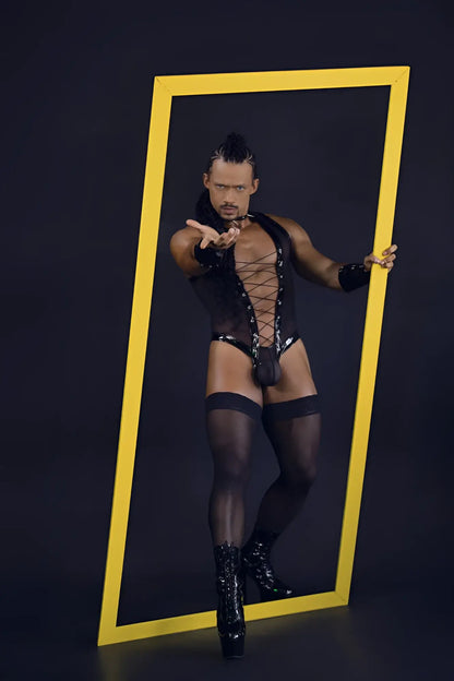 Black lace-up CandyMan 99774 gladiator bodysuit with sheer mesh panels paired with high-heeled boots