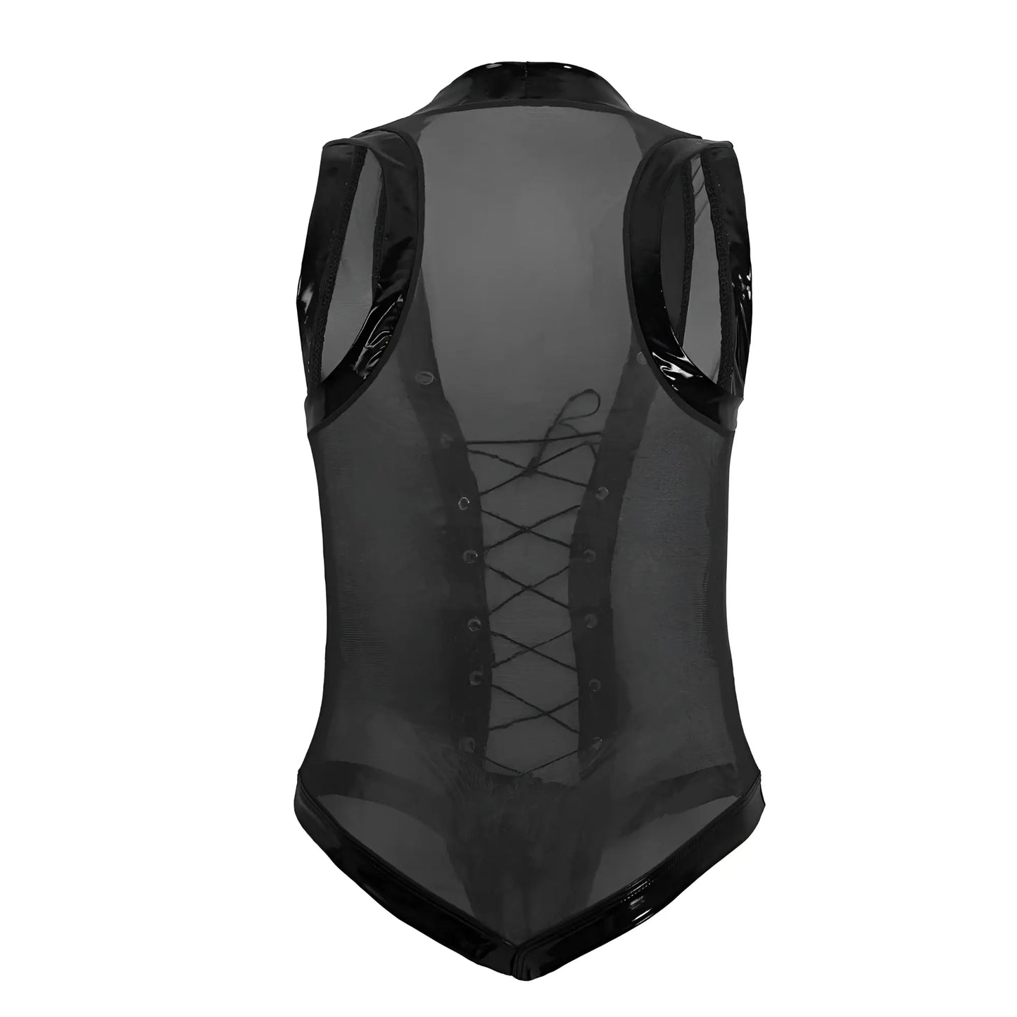 Black translucent mesh vest with glossy black trim and lace-up front from candyman 99774 gladiator bodysuit