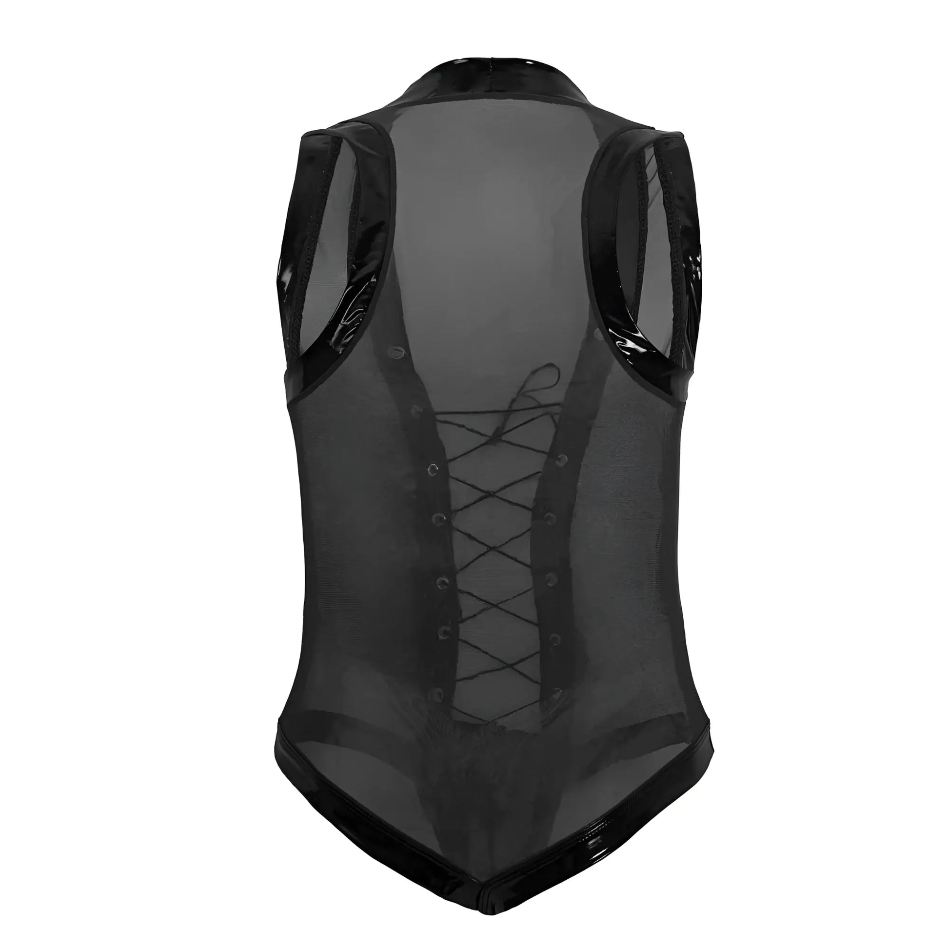 Black translucent mesh vest with glossy black trim and lace-up front from candyman 99774 gladiator bodysuit