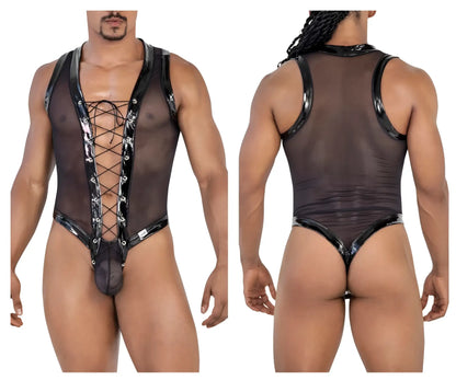 Black translucent CandyMan 99774 Gladiator bodysuit with shiny black lace-up front and trim detailing