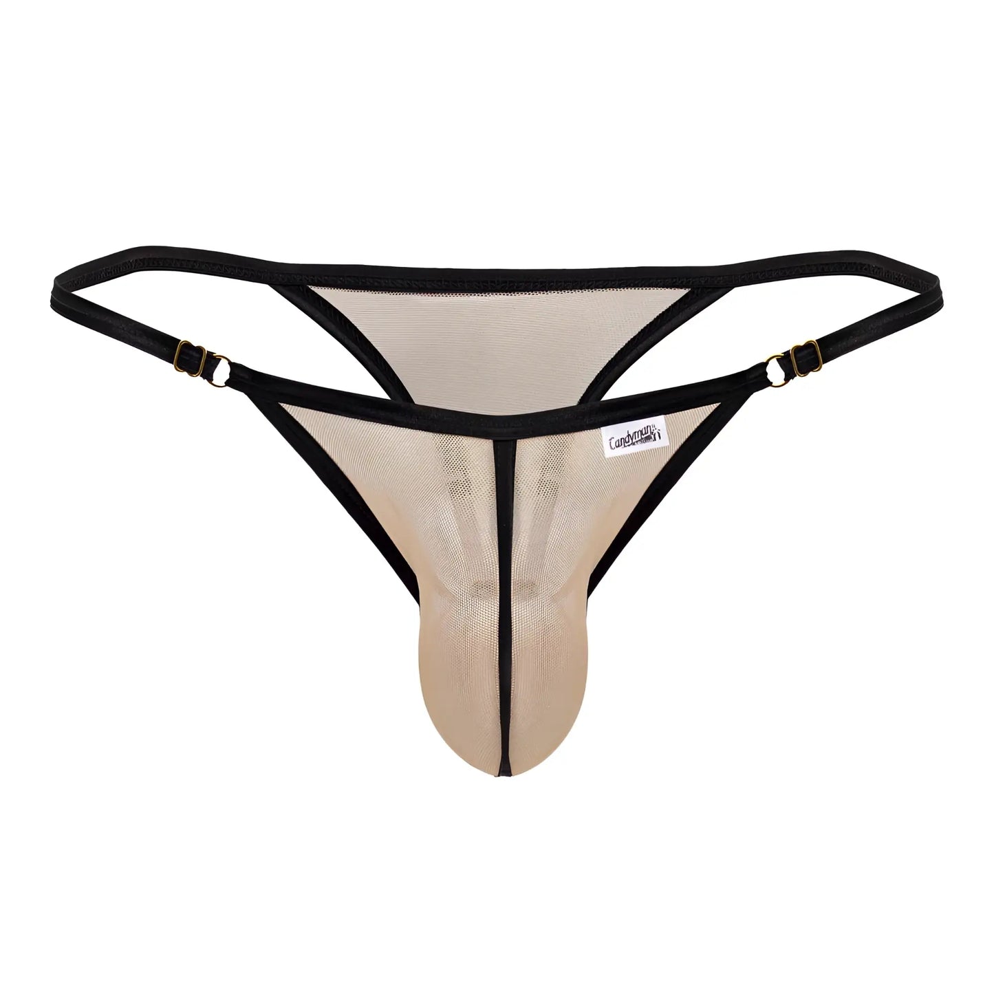 CandyMan 99776 black and beige mesh thong with adjustable straps and gold-tone hardware in beige color