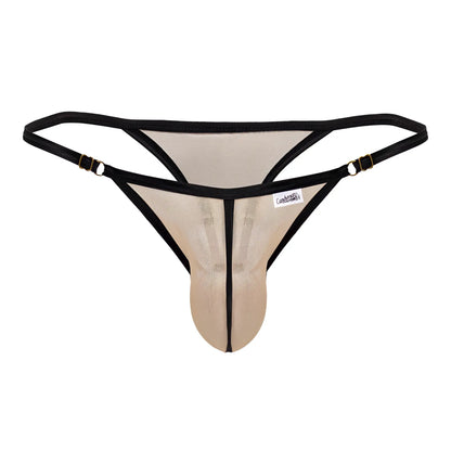 CandyMan 99776 black and beige mesh thong with adjustable straps and gold-tone hardware in beige color