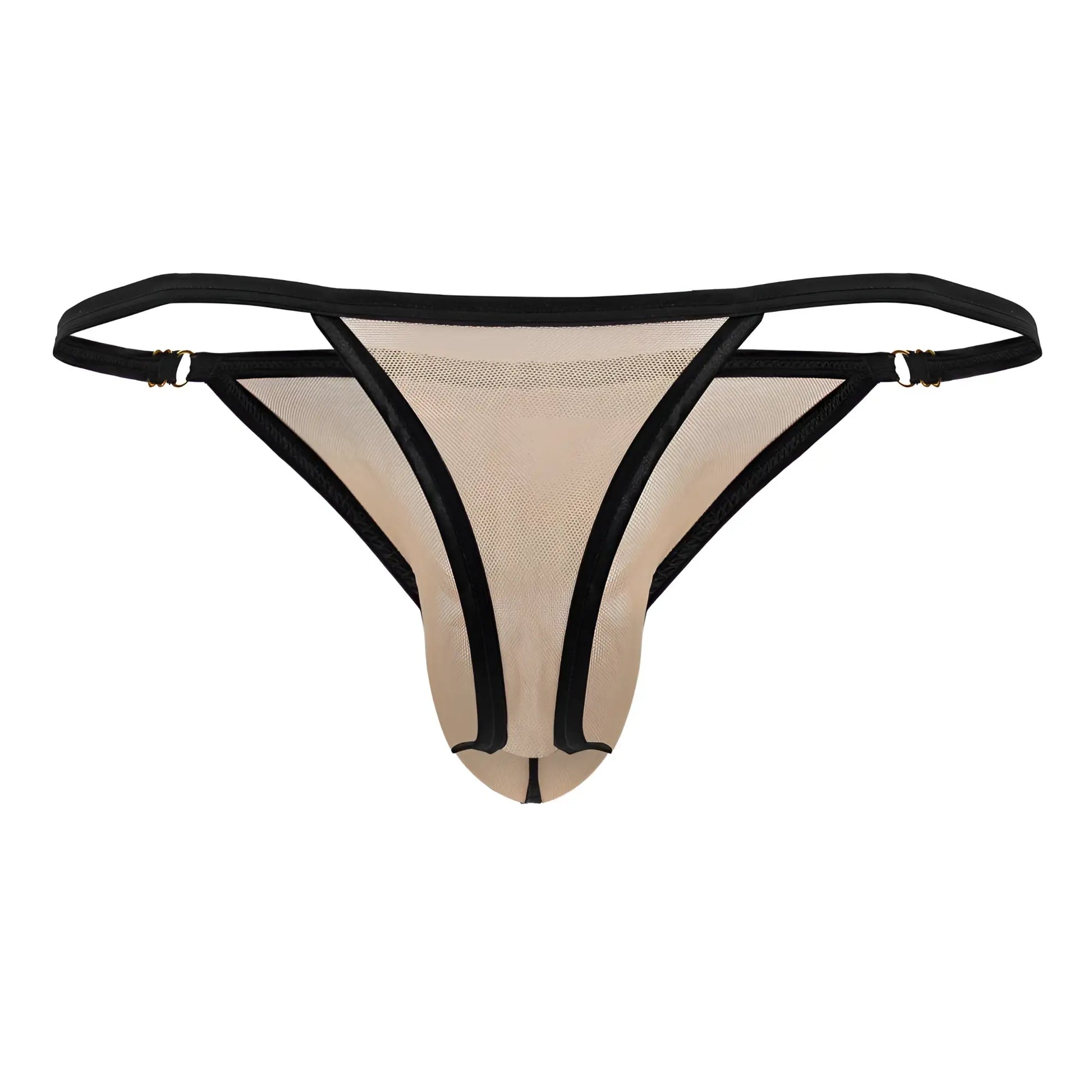 Beig mesh thong with black trim and adjustable straps from candyman 99776 collection shown from the back side